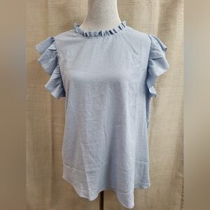 SHEIN Curve Textured Women's Blue Ruffle Sleeve Round Neck Blouse Size XL NWOT